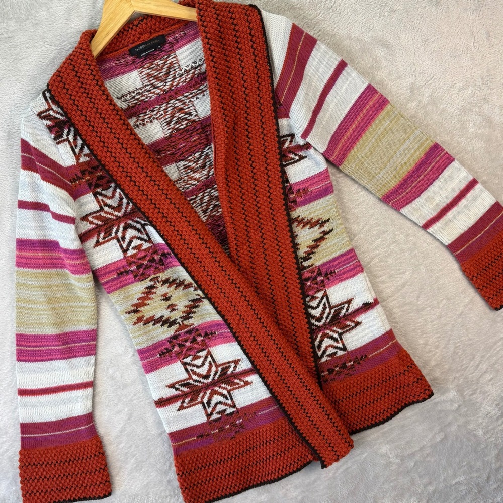 BCBGMAXAZRIA Women's M Southwest Aztec Stripe Open Front Knit Cardigan Sweater